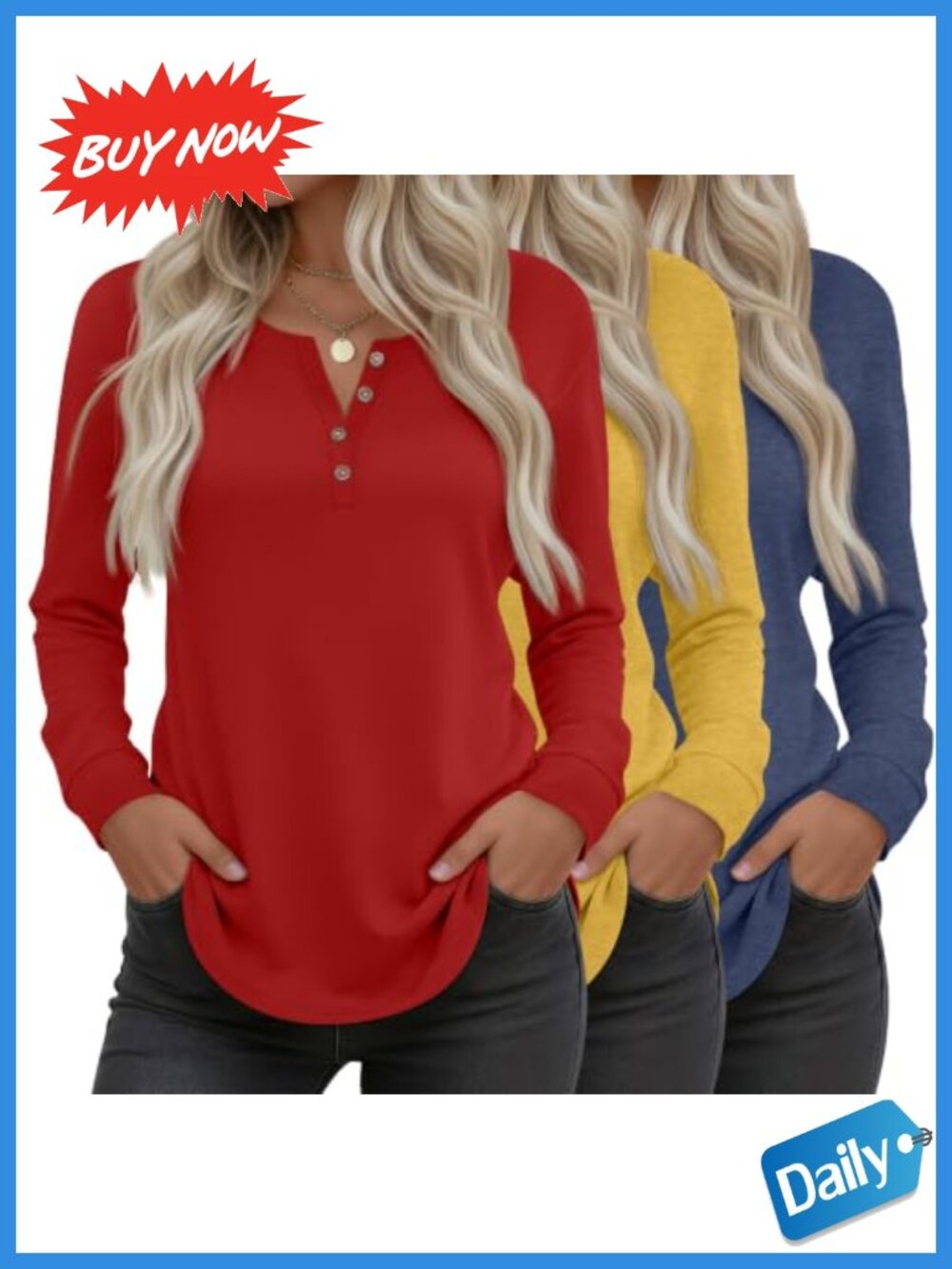 Women's 3 Pack Long Sleeve Henley Shirts Tunic Tops